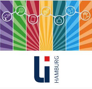 Bunte Symbole auf Streifen, darunter das Logo des Landesinstituts Hamburg (li Hamburg).