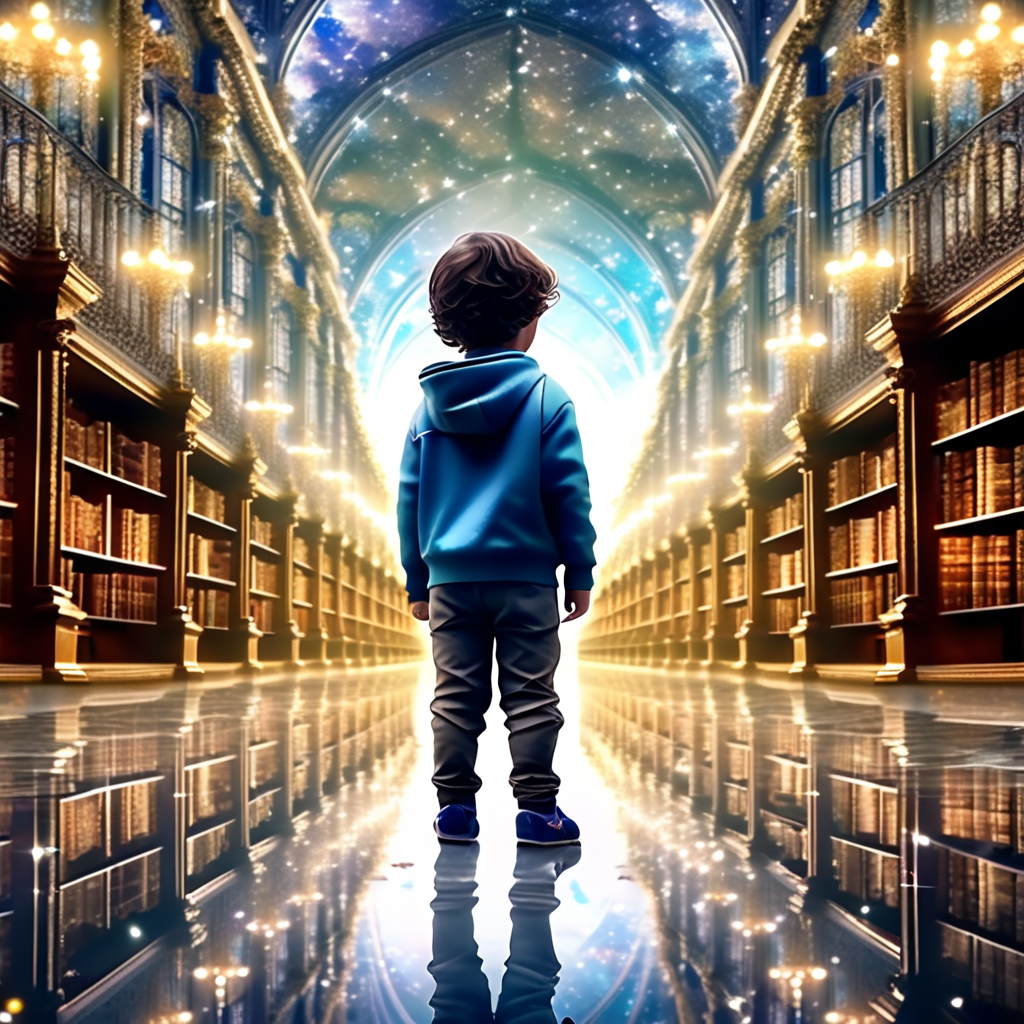 Junge steht in einer magischen Bibliothek mit leuchtendem Himmel und unendlichen Büchern.