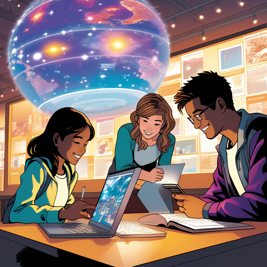 Drei Personen arbeiten an Laptops mit schwebender holografischer Darstellung eines Sternenhimmels.