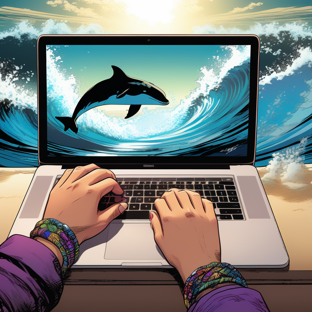 Laptop zeigt springenden Orca im Ozean. Hände tippen auf der Tastatur.