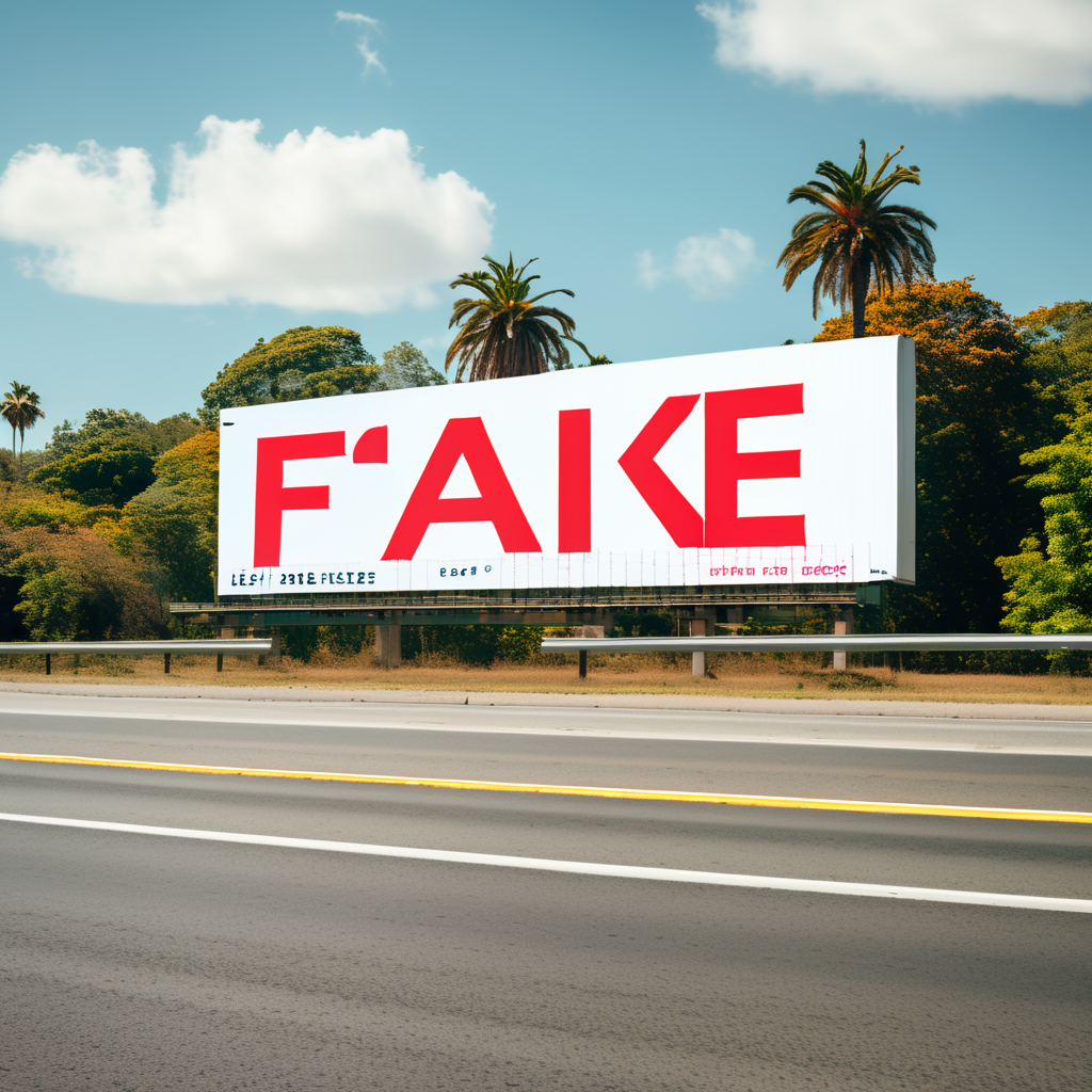 Eine Werbetafel auf einer Autobahn zeigt das Wort FAKE in großen roten Buchstaben.