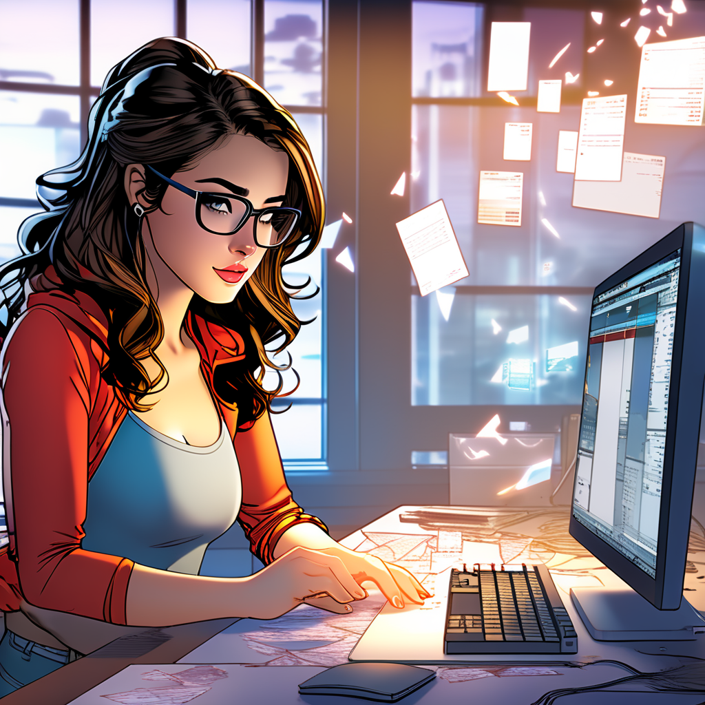 Illustration einer Frau mit Brille am Computerarbeitsplatz, umgeben von schwebenden Dokumenten.