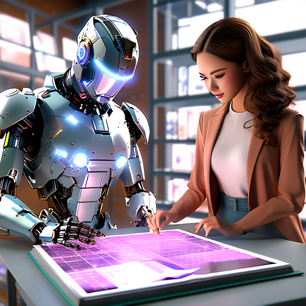 Eine Frau und ein Roboter arbeiten gemeinsam an einem futuristischen Touchscreen-Tisch.