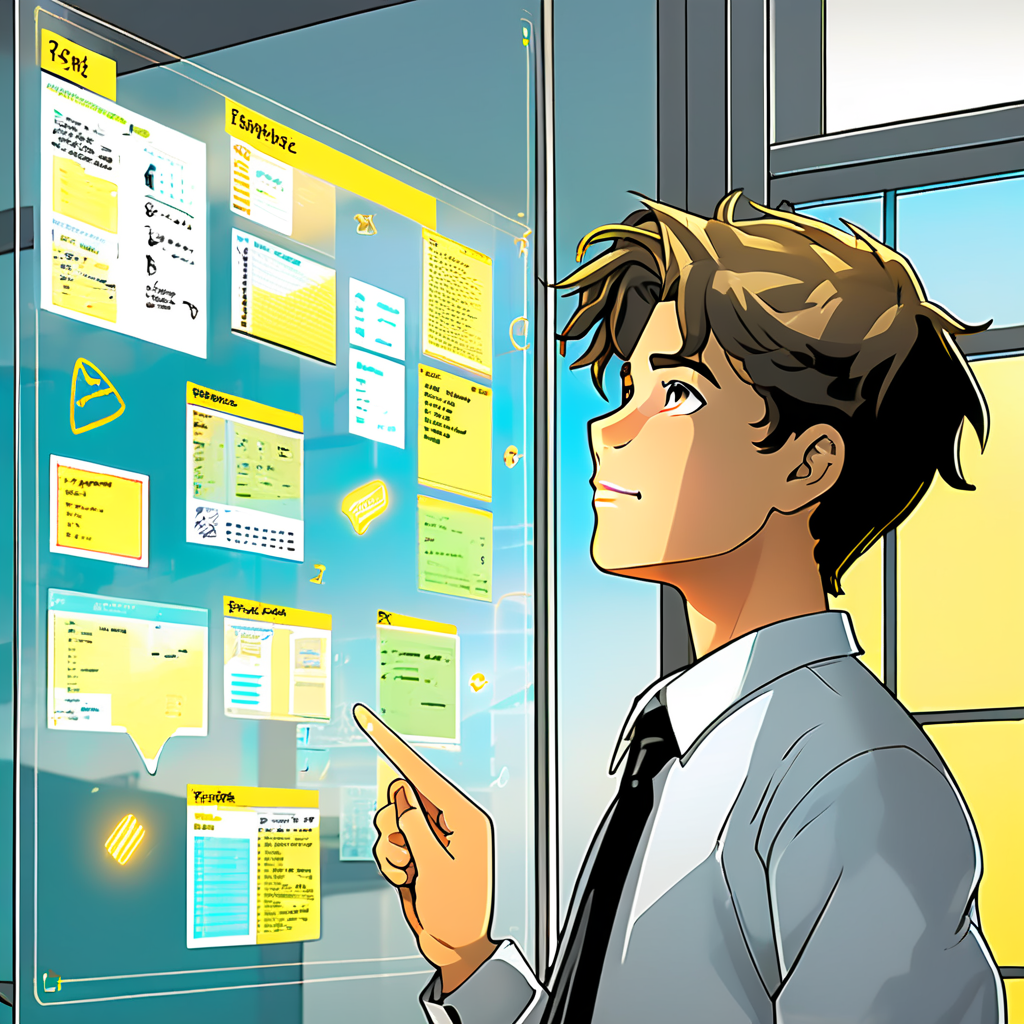 Eine Person zeigt auf ein digitales Notizboard mit farbigen Zetteln und Grafiken im Fenster.