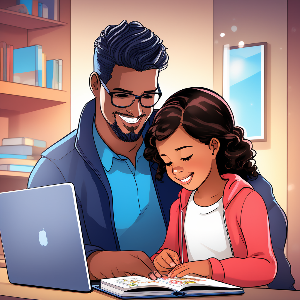 Vater und Tochter lächeln beim gemeinsamen Lesen am Tisch mit einem Laptop.
