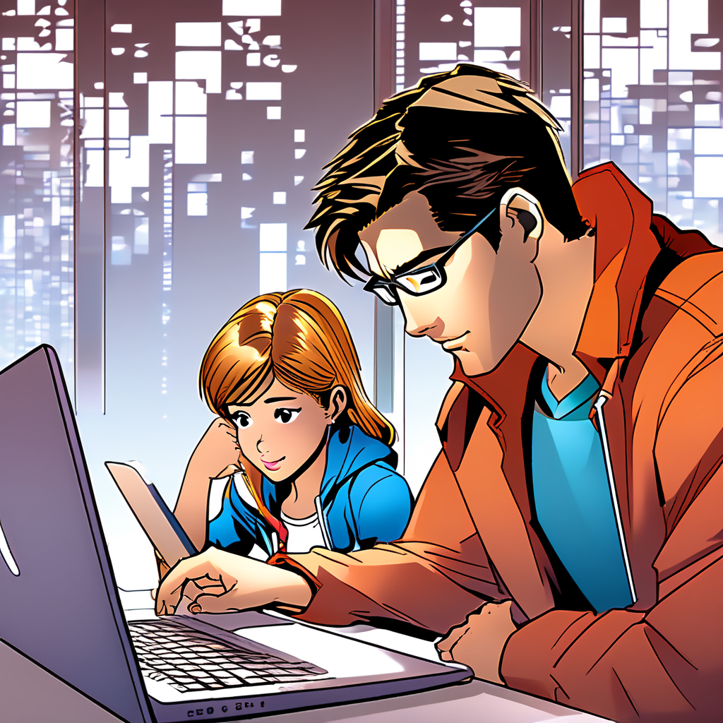 Mann und Mädchen arbeiten zusammen an Laptops in einer futuristischen Umgebung.