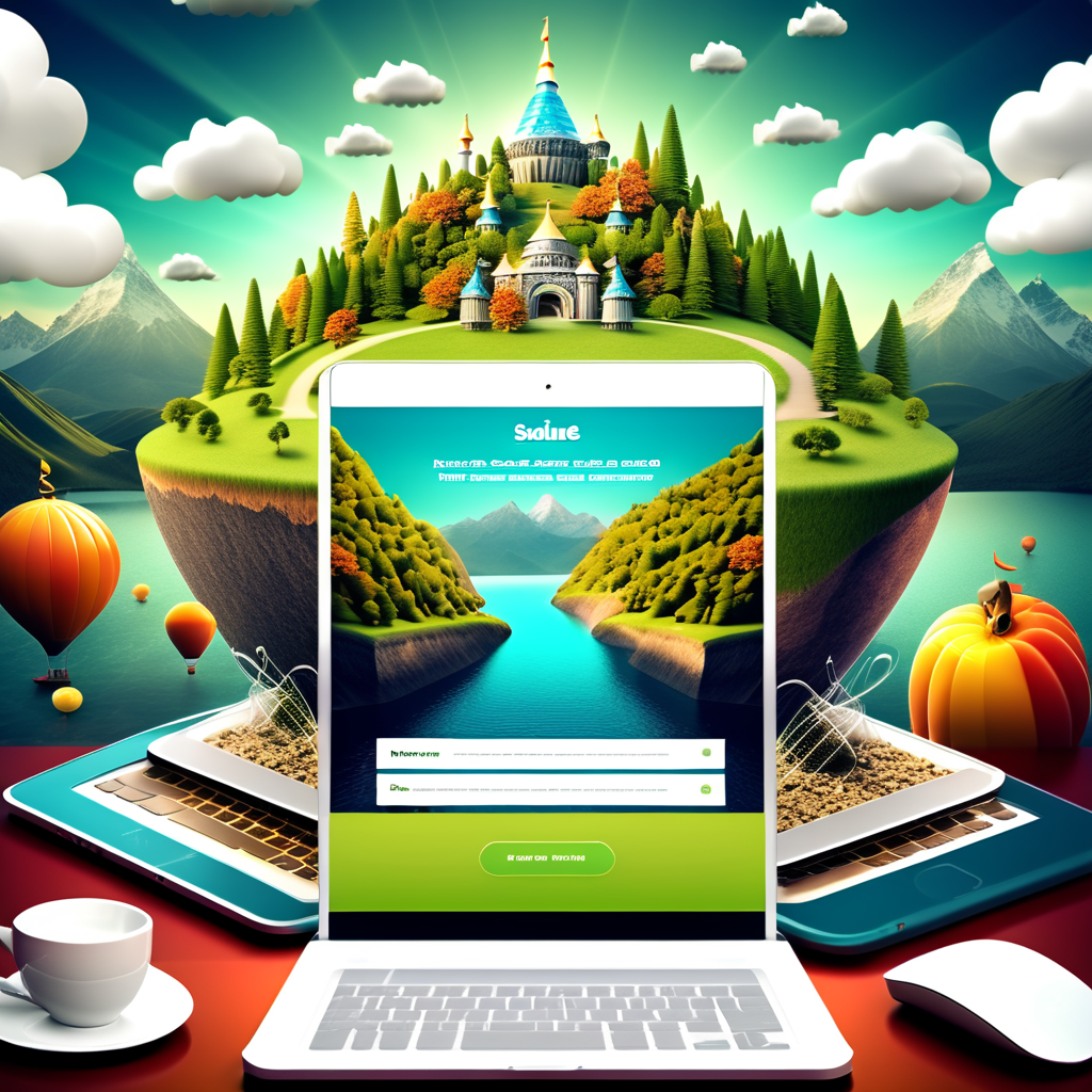 Laptop mit märchenhafter Landschaft, Schloss, Ballons und Tasse im Vordergrund.