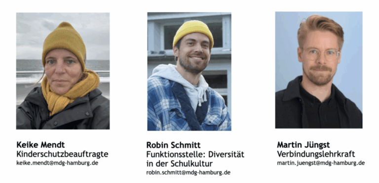 Drei Personen-Porträts mit Namen und Titeln: Keike Mendt, Robin Schmitt, Martin Jüngst.