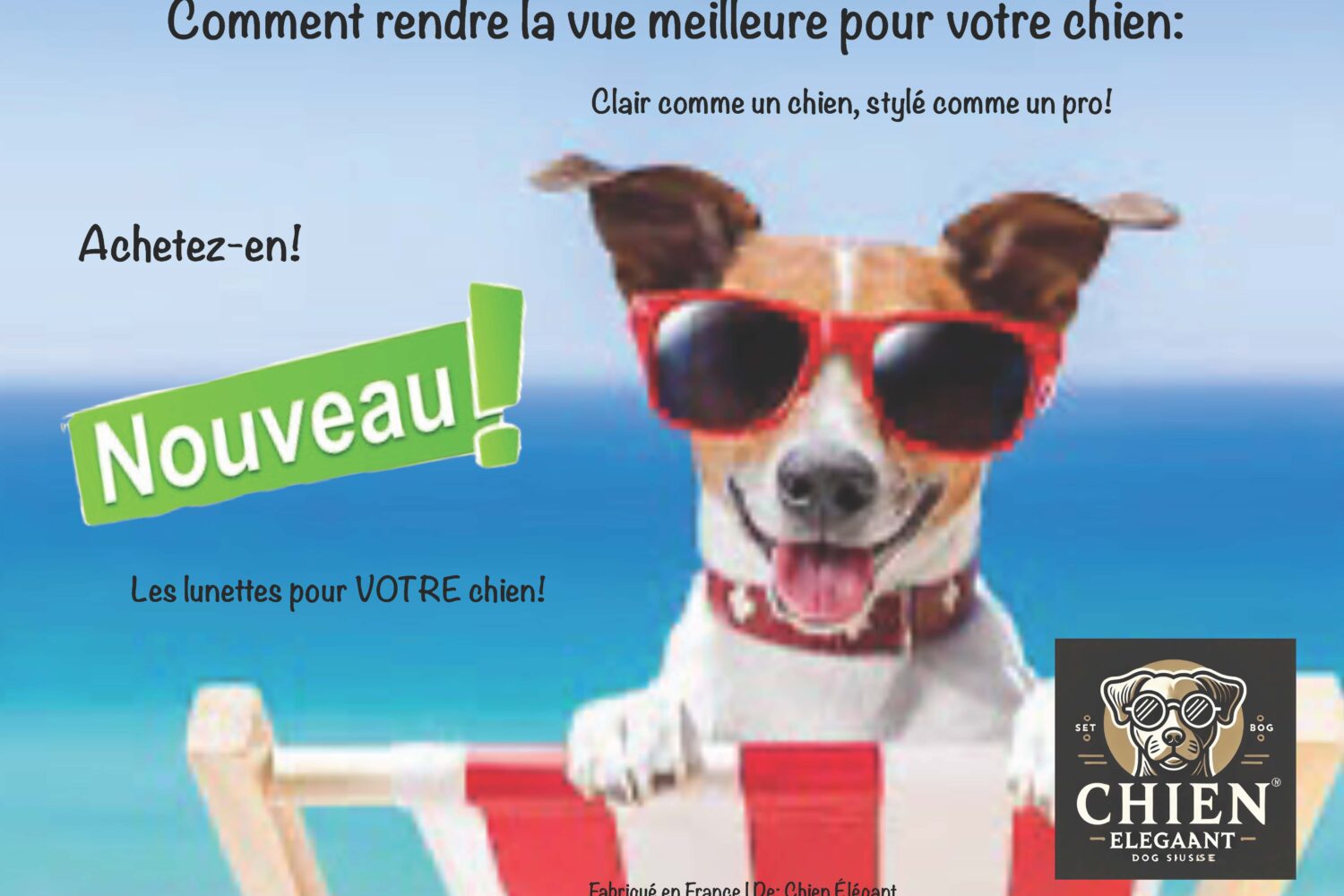 Hund mit Sonnenbrille am Strand, Werbung für Hundebrillen mit dem Text Nouveau.