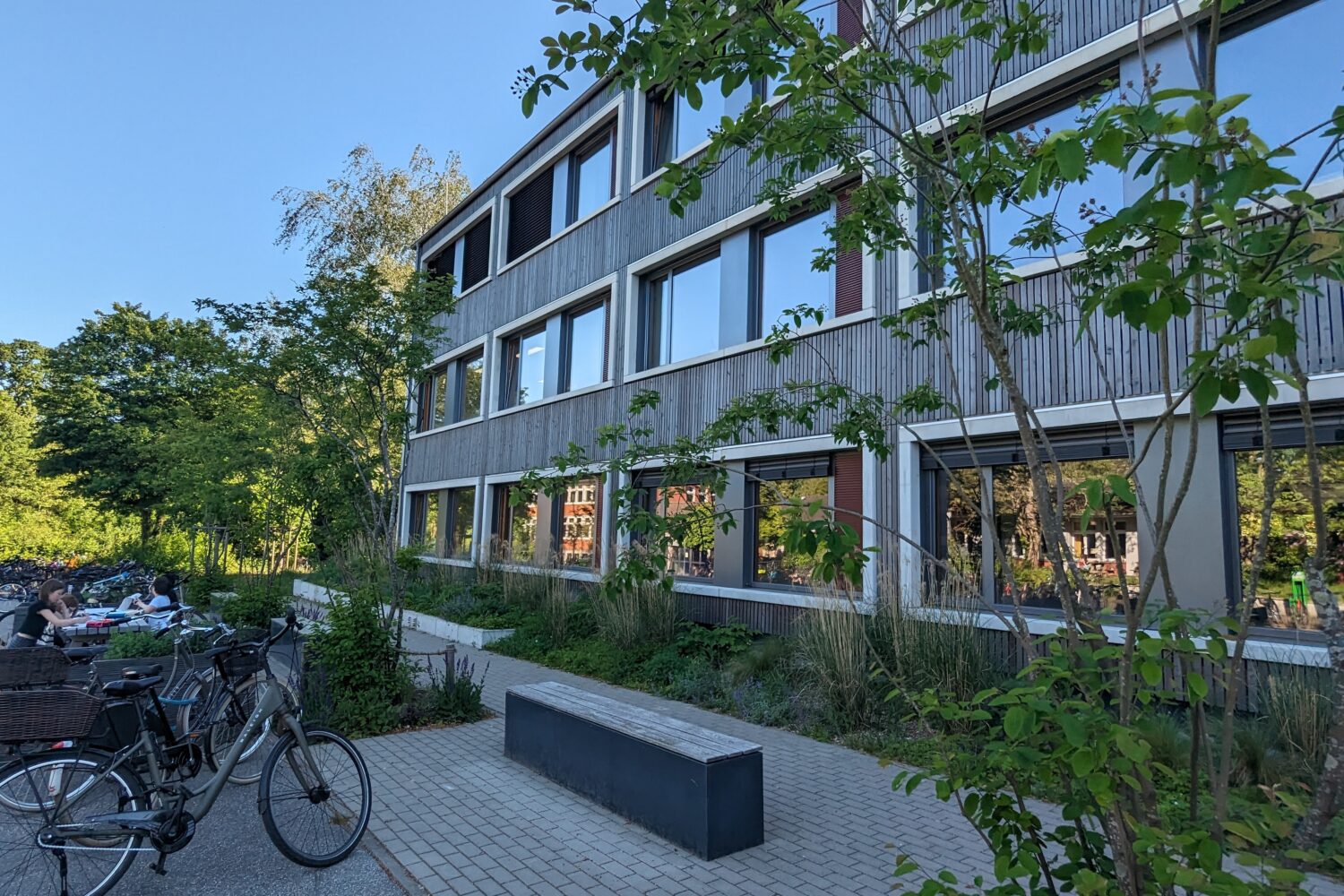Modernes Gebäude, Bäume, Fahrräder und eine Bank bei sonnigem Wetter im Freien.
