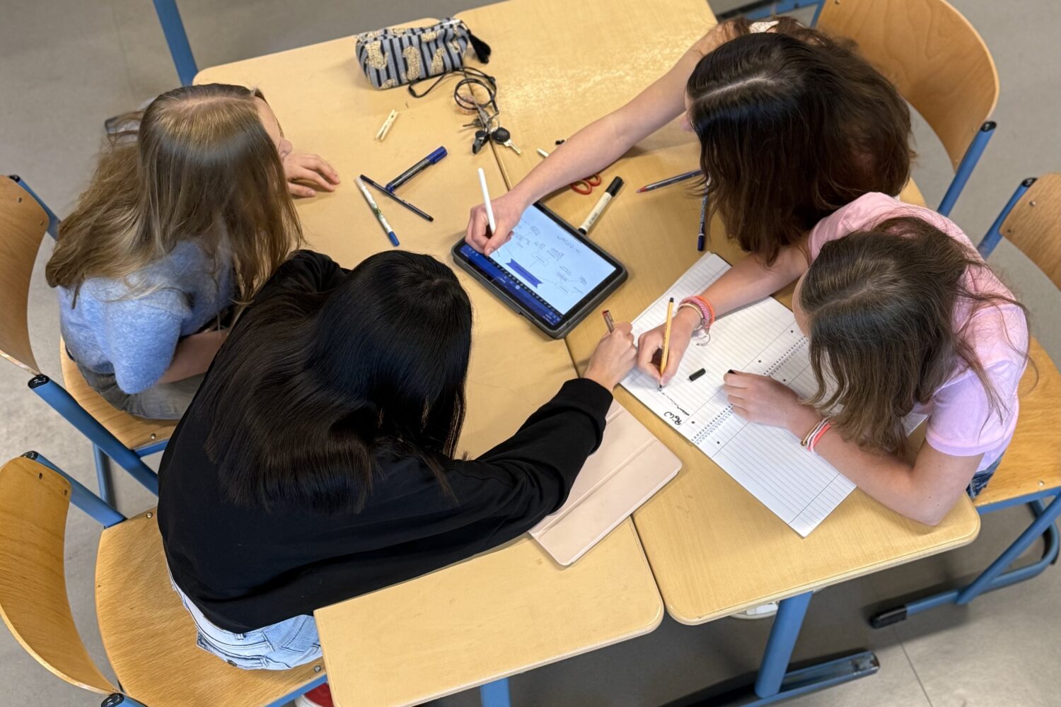 Vier Schüler arbeiten gemeinsam an einem Tisch mit Papier und einem Tablet.