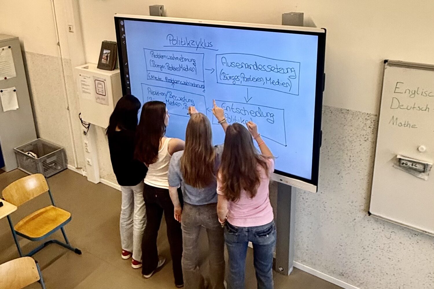 Vier Personen schreiben an ein interaktives Whiteboard im Klassenzimmer.