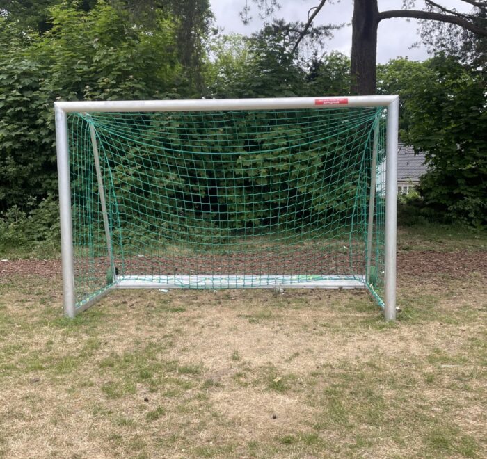 Ein freistehendes Fußballtor mit grünem Netz in einem Gartenbereich.