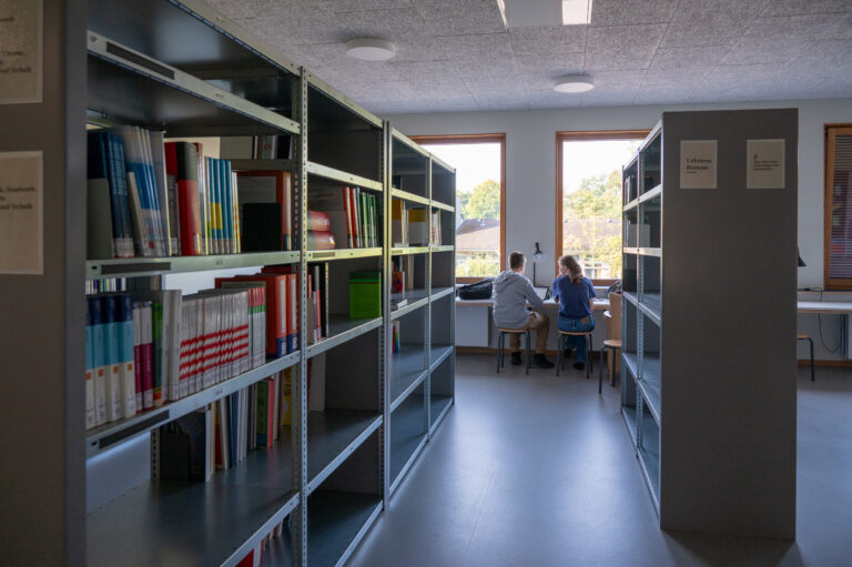 Bibliothek mit Bücherregalen, zwei Personen am Fenster an einem Schreibtisch sitzend.