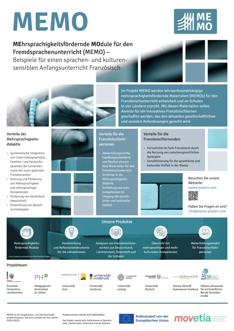 Poster für das MEMO-Projekt: Mehrsprachigkeit im Französischunterricht fördern.