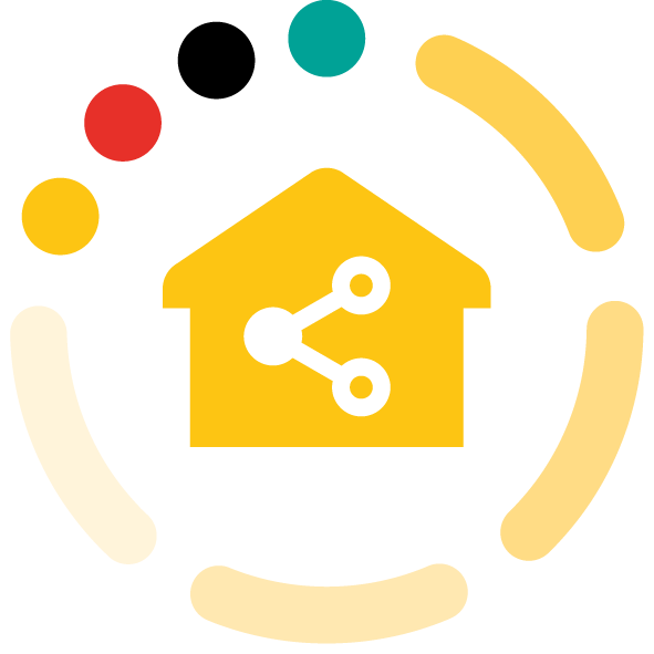 Ein gelbes Haus-Symbol mit Netzwerkverbinder umgeben von bunten Kreisen.