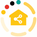 Gelbes Haus mit Netzwerk-Icon, umgeben von buntem Kreis aus Punkten und Bögen.