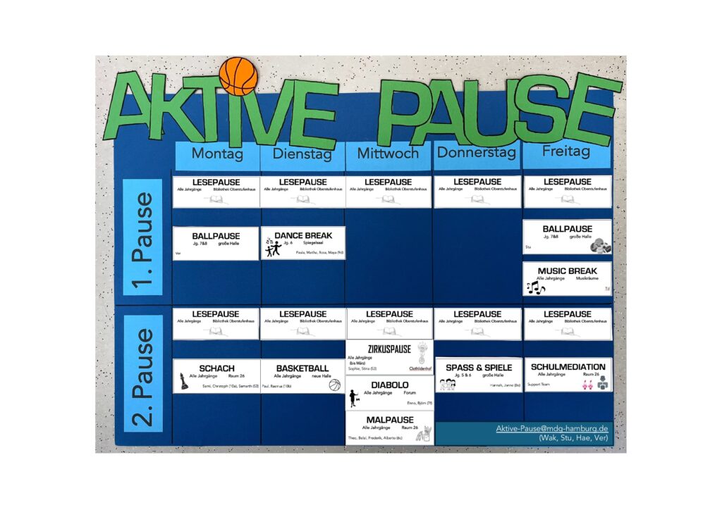 Stundenplan für aktive Pausen mit Sport-, Lese- und Kreativangeboten von Montag bis Freitag.