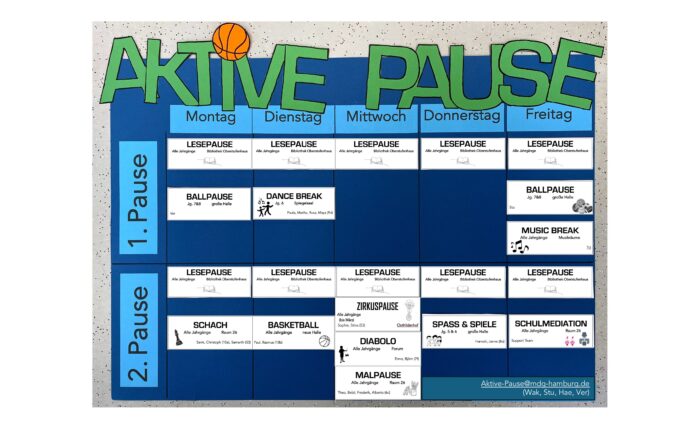 Stundenplan für aktive Pausen mit Sport-, Lese- und Kreativangeboten von Montag bis Freitag.