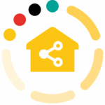 Gelbes Haus-Symbol mit Verbindungsknoten, umgeben von bunten Kreisen.