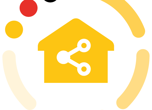 Gelbes Haus-Symbol mit Verbindungsknoten, umgeben von bunten Kreisen.