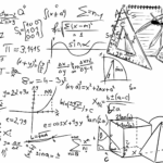 Mathematische Formeln, Diagramme und Werkzeuge wie Zirkel und Taschenrechner auf weißem Hintergrund.