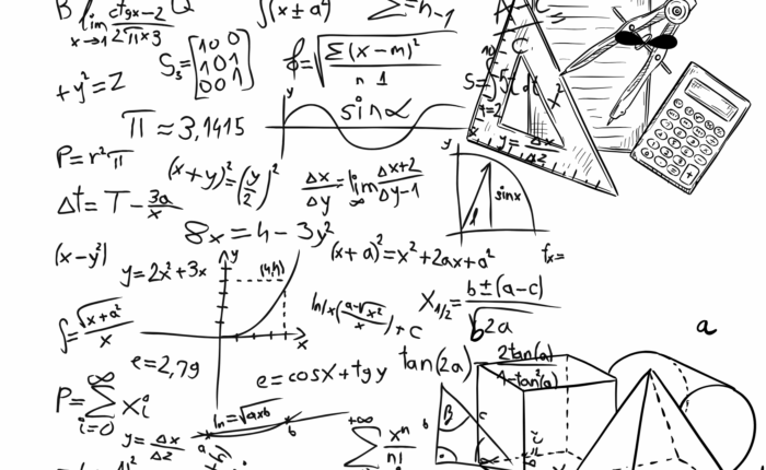 Mathematische Formeln, Diagramme und Werkzeuge wie Zirkel und Taschenrechner auf weißem Hintergrund.