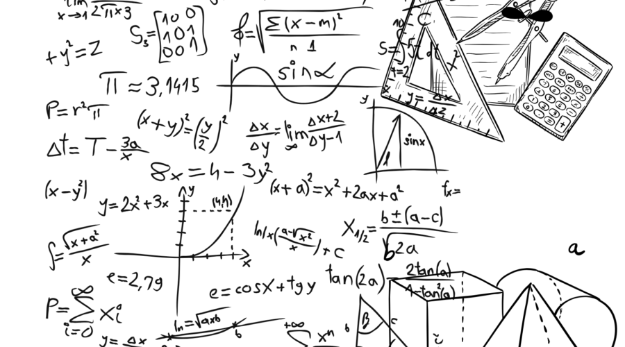 Mathematische Formeln, Diagramme und Werkzeuge wie Zirkel und Taschenrechner auf weißem Hintergrund.