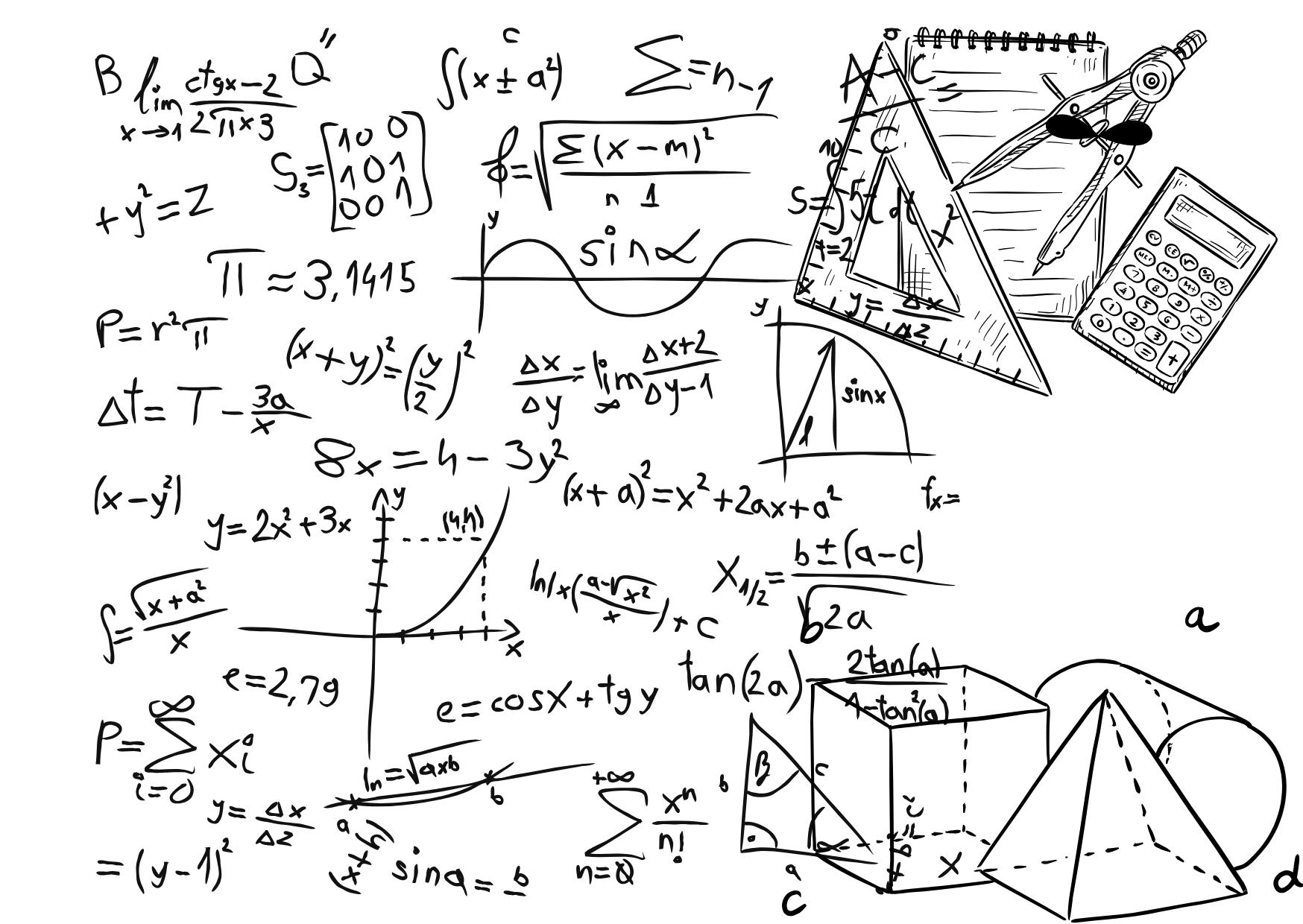 Mathematische Formeln, Diagramme und Werkzeuge wie Zirkel und Taschenrechner auf weißem Hintergrund.