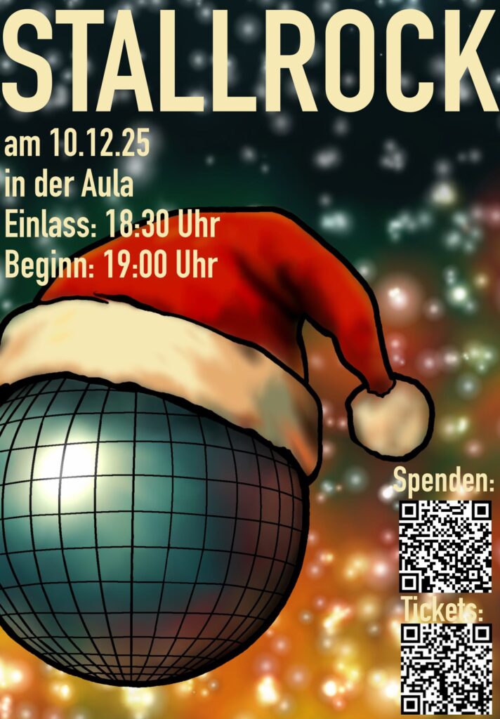Disco-Kugel mit Weihnachtsmütze, umgeben von funkelndem Hintergrund mit Event-Infos.