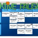Tafel mit Wochenplan für aktive Pausenangebote in einer Schule, inklusive Sport und Entspannung.