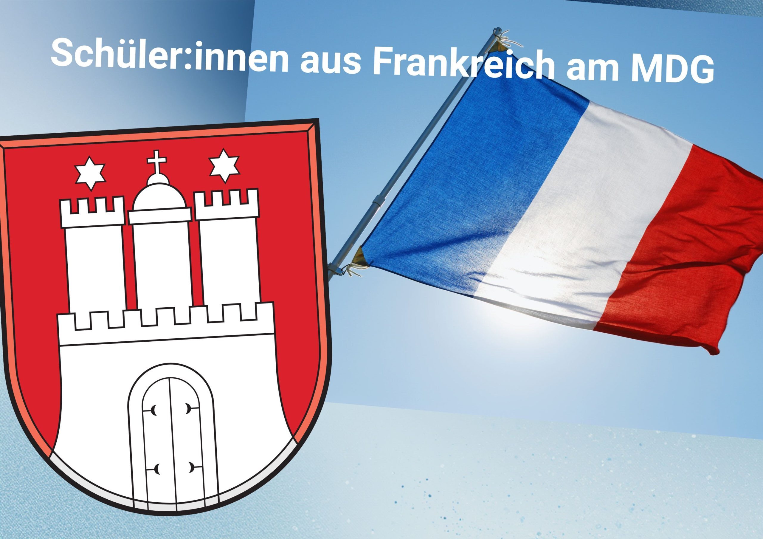 Ein rotes Wappen mit einer Burg und französischer Flagge vor blauem Himmel.