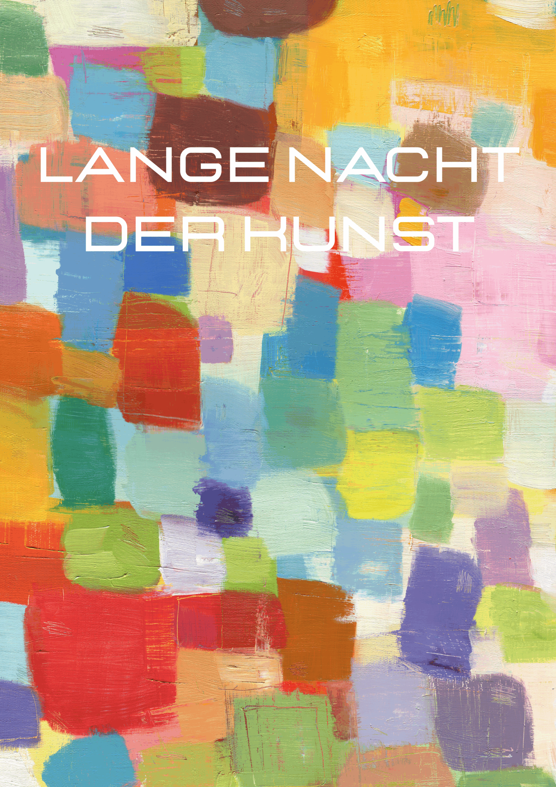 Bunte, abstrakte Farbflächen mit dem Text „LANGE NACHT DER KUNST“ in Weiß.