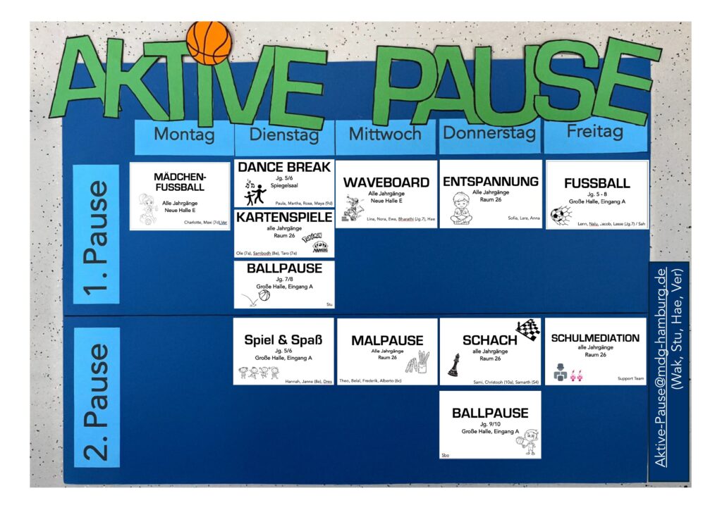 Grafik mit dem Titel Aktive Pause, die Pausenaktivitäten für die Woche zeigt.