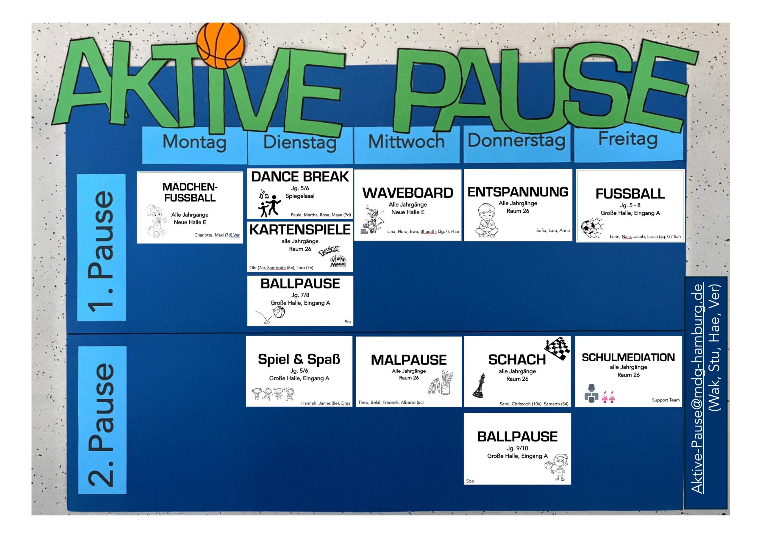 Grafik mit dem Titel Aktive Pause, die Pausenaktivitäten für die Woche zeigt.