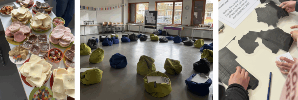 Alt-Text: Leckere Snacks auf einem Tisch, umgeben von bequemen Sitzsäcken in einem hellen Raum.