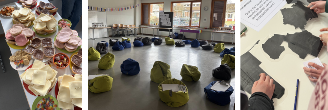 Alt-Text: Leckere Snacks auf einem Tisch, umgeben von bequemen Sitzsäcken in einem hellen Raum.