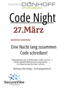 CodeNight 4.pdf Das Bild zeigt ein Plakat zur Code Night am Gymnasium Dönhoff mit Programmierworkshops.