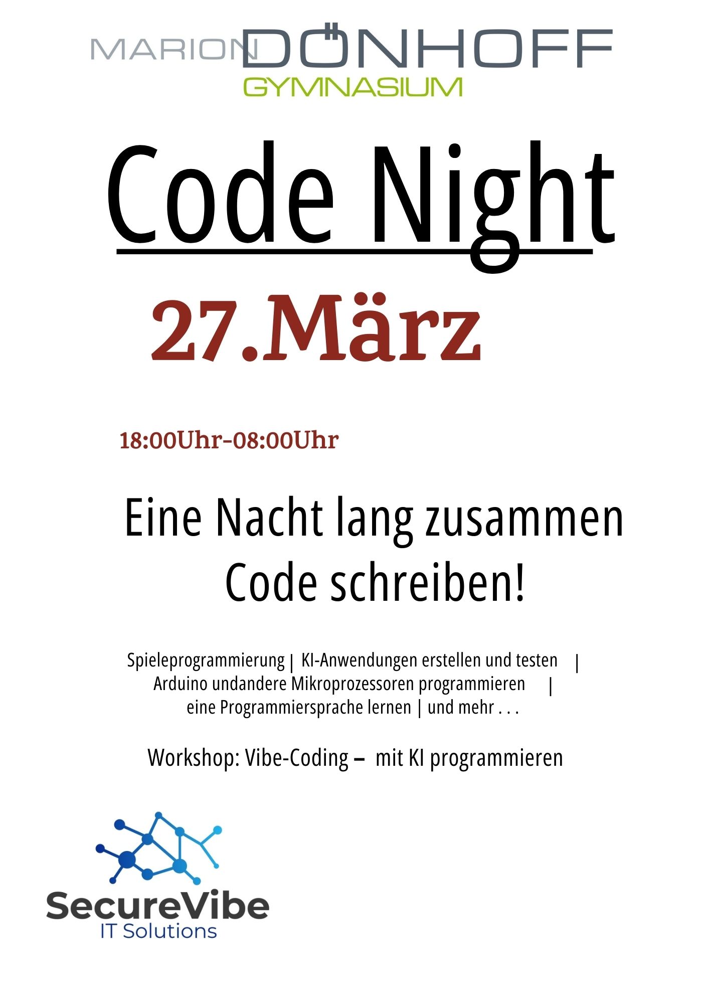 Das Bild zeigt ein Plakat zur Code Night am Gymnasium Dönhoff mit Programmierworkshops.