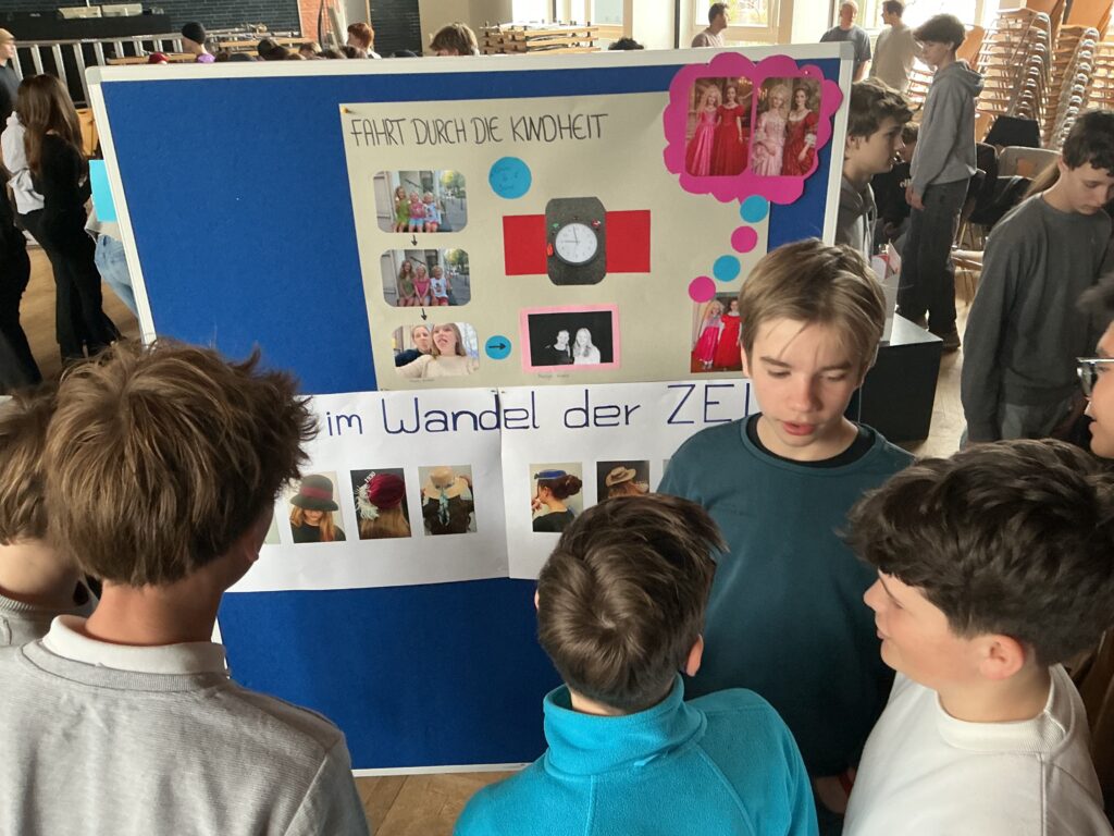 Eine Gruppe von Schülern betrachtet ein Plakat über die Entwicklung von Zeit und Mode.