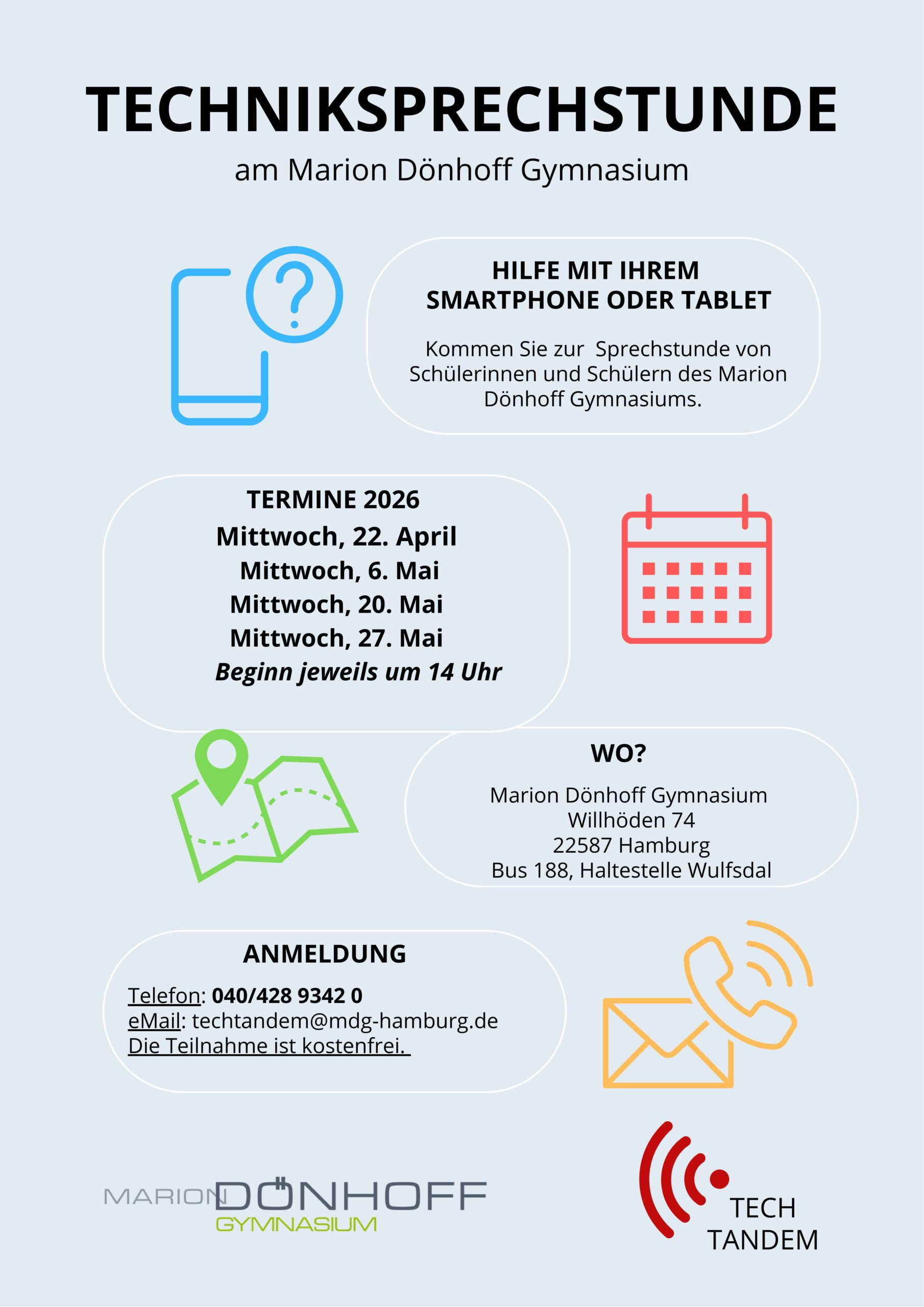 Alt-Text: Informationsgrafik zur Techniksprechstunde am Marion Dönhoff Gymnasium in Hamburg.