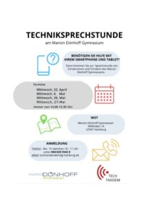 Flyer TechTandem_Nov (1).pdf Es handelt sich um ein Informationsblatt zur Techniksprechstunde am Marion Dönhoff Gymnasium.
