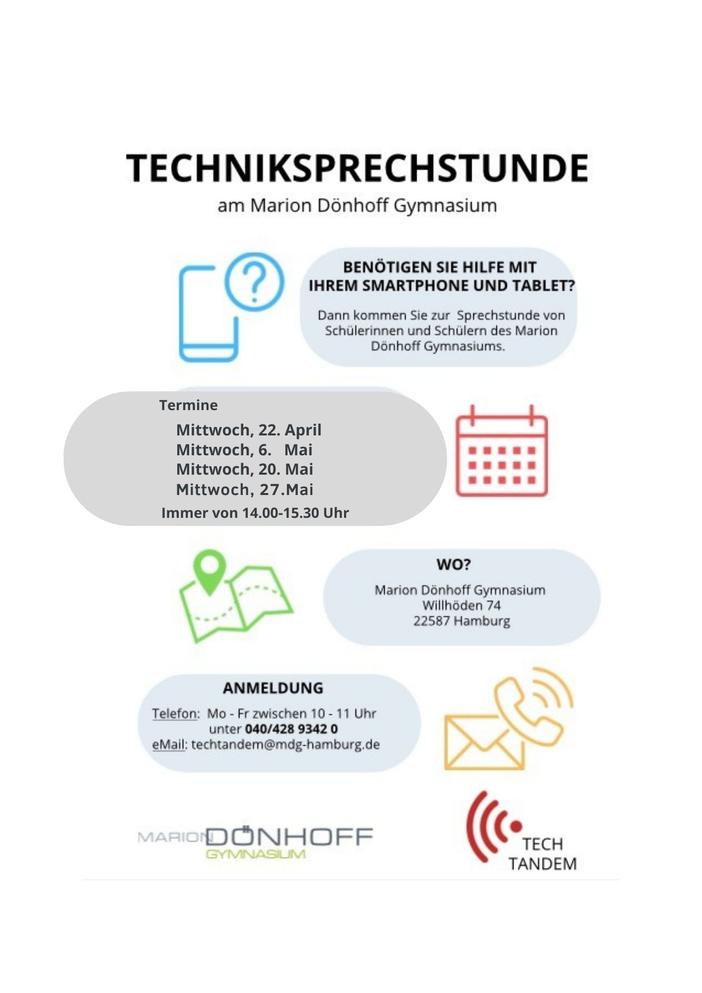 Es handelt sich um ein Informationsblatt zur Techniksprechstunde am Marion Dönhoff Gymnasium.