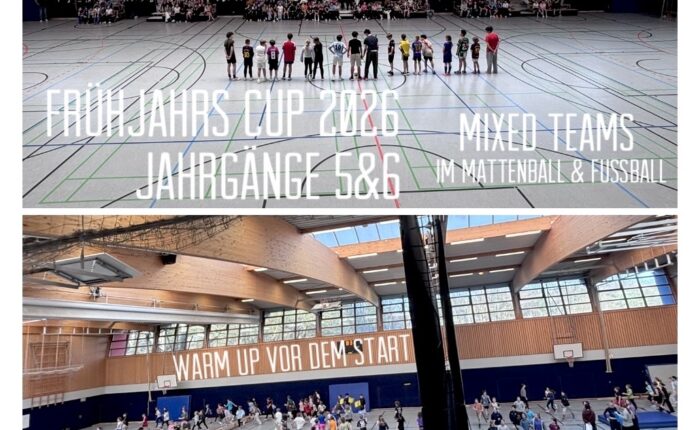 Gruppentraining und Aufwärmphase in einer Sporthalle mit Kindern und Jugendlichen.