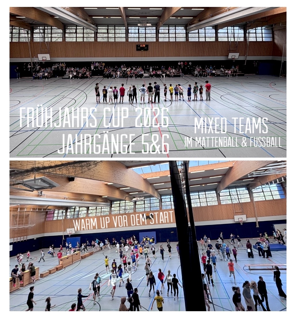 Gruppentraining und Aufwärmphase in einer Sporthalle mit Kindern und Jugendlichen.