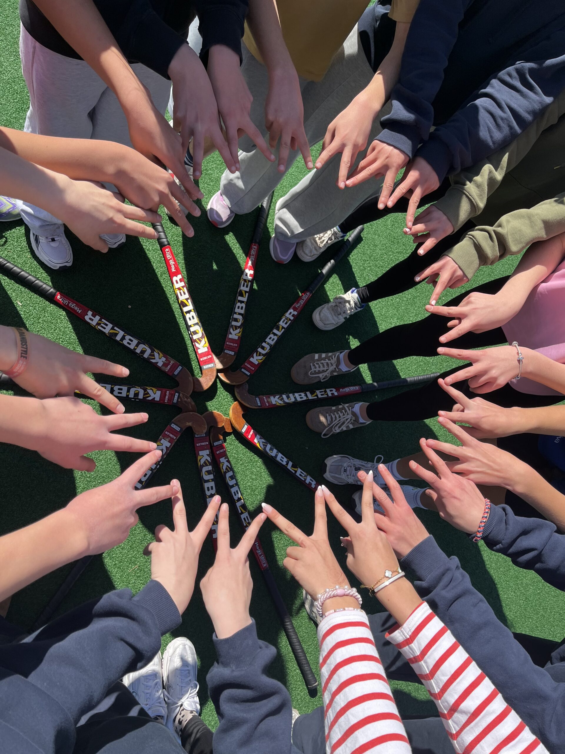 Mehrere Hände formen ein V-Zeichen, umgeben von Hockeyschlägern auf grünem Untergrund.