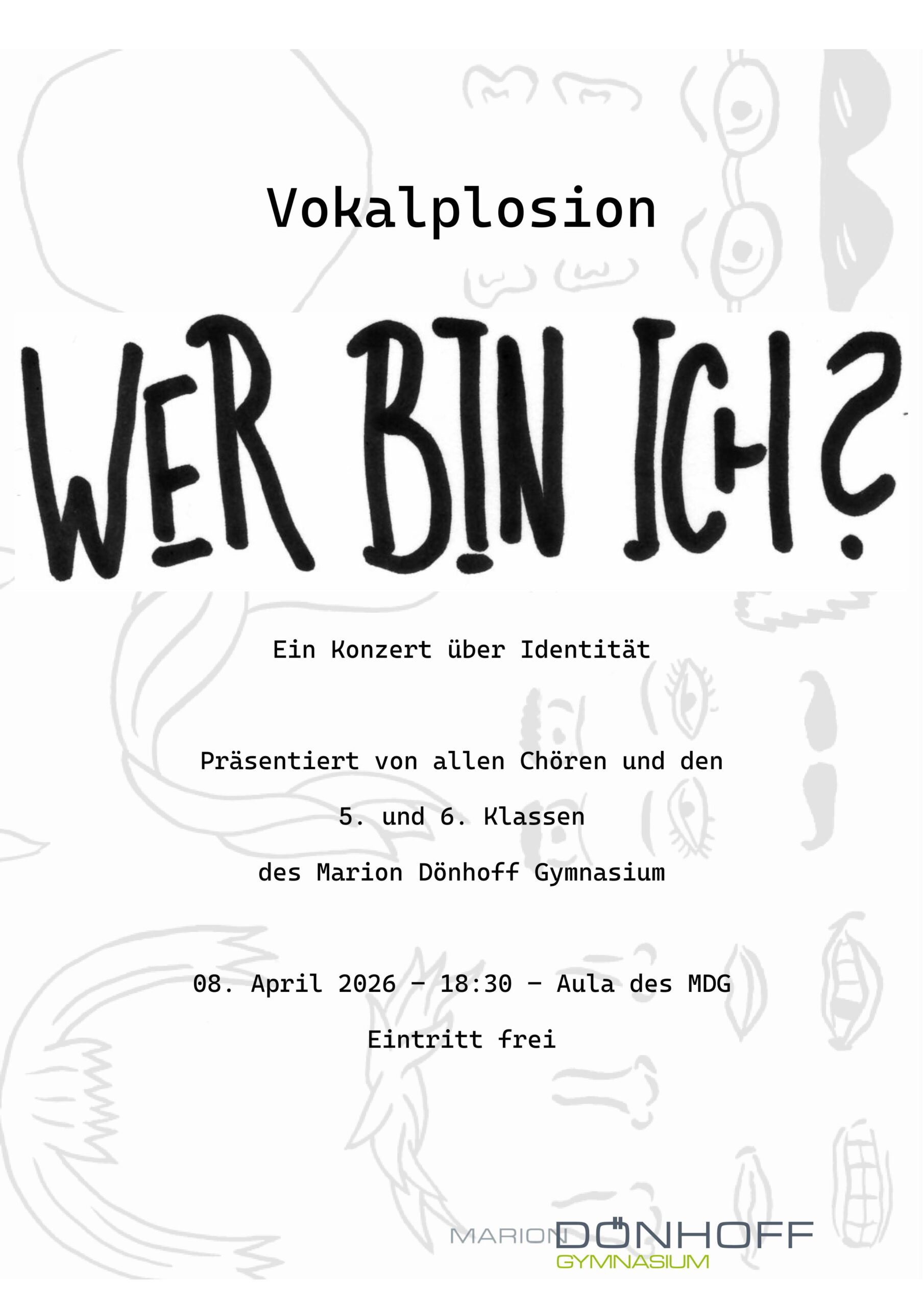 Plakat für das Konzert „Vokalplosion – Wer bin ich?“, das Identität thematisiert.