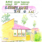 Bunt gezeichnete Schulansicht mit dem Titel „Lernplaner“ und dem Schriftzug „Schule gegen Rassismus“.