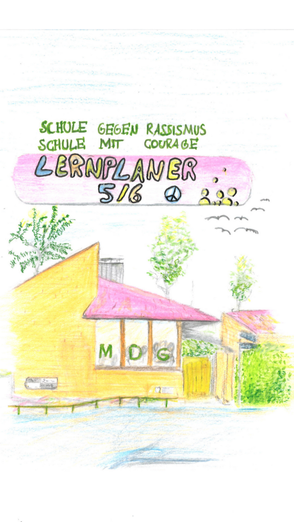 Bunt gezeichnete Schulansicht mit dem Titel „Lernplaner“ und dem Schriftzug „Schule gegen Rassismus“.