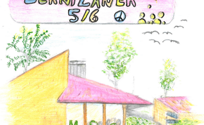 Bunt gezeichnete Schulansicht mit dem Titel „Lernplaner“ und dem Schriftzug „Schule gegen Rassismus“.